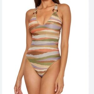 BECCA NWT Canyon View Londyn 1 Piece Swimsuit Small Metallic Stripes Brown Gold